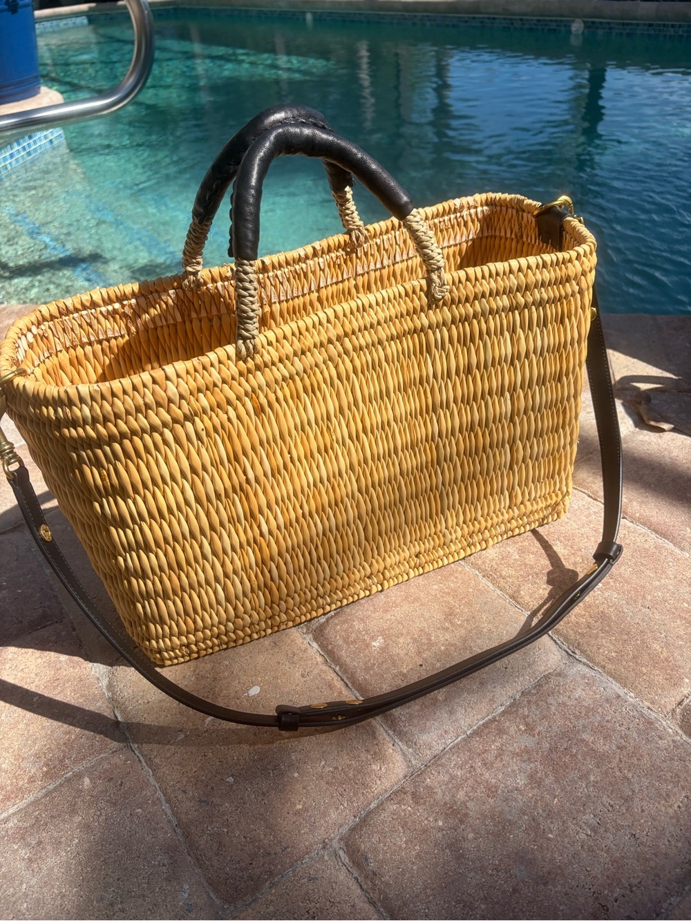 Vintage Wicker Woven Tote with Black Leather Handles